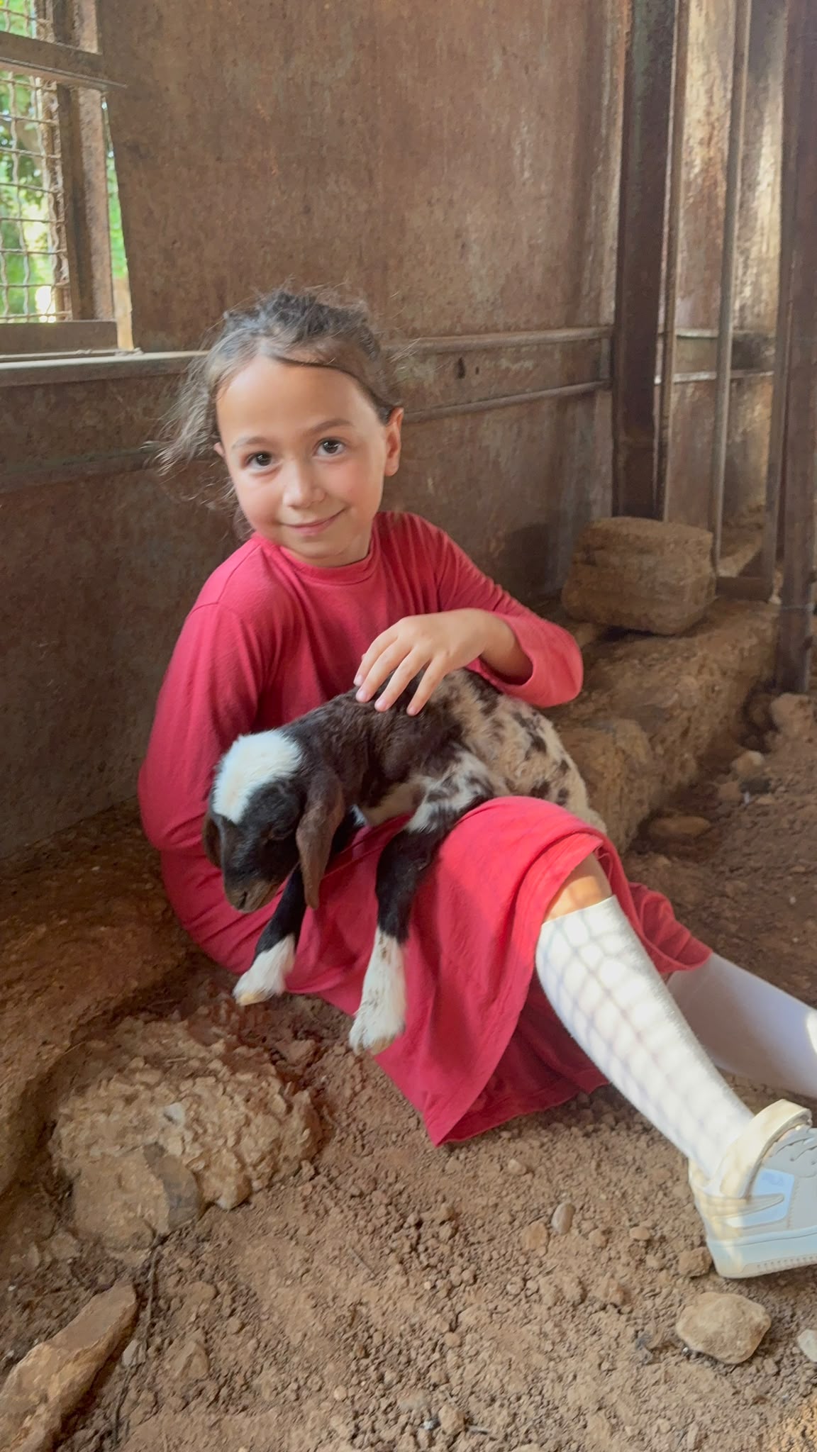 A girl holding a newborn kid on the historic farm
